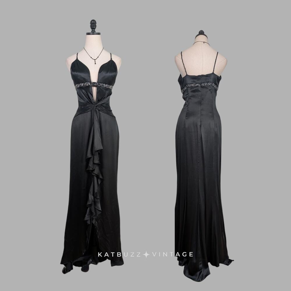 Vintage Prom Dress Maxi Gown 8 Black Silk Glam Y2K Ruffle Empire Formal Evening